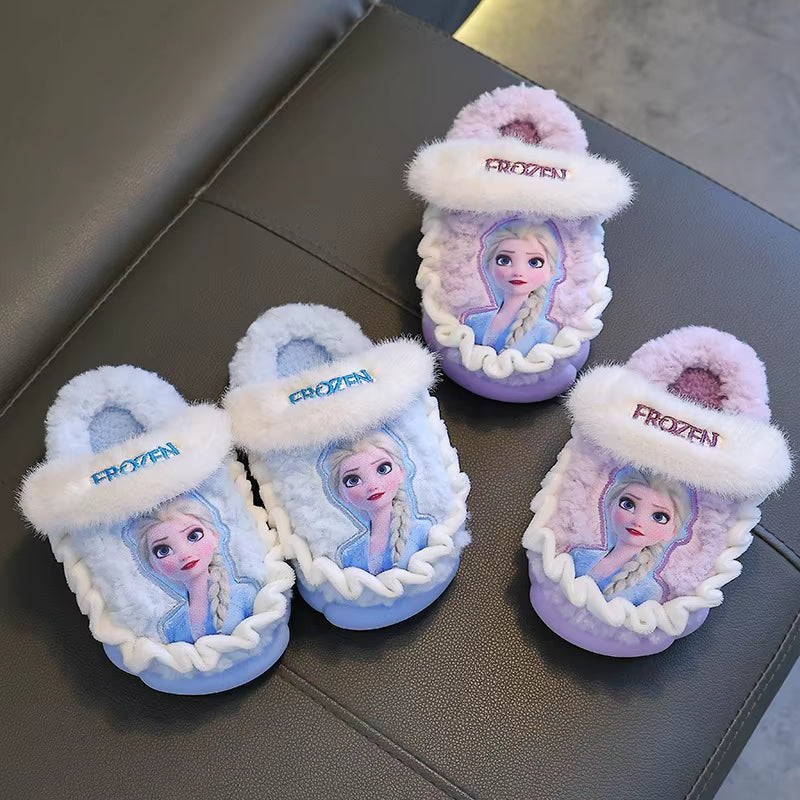 Disney Princess Elsa Winter Children'S Cotton Home Slippers Frozen Girl'S Snow Non Slip Warm Baby Slippers Pink Blue Size 24-36