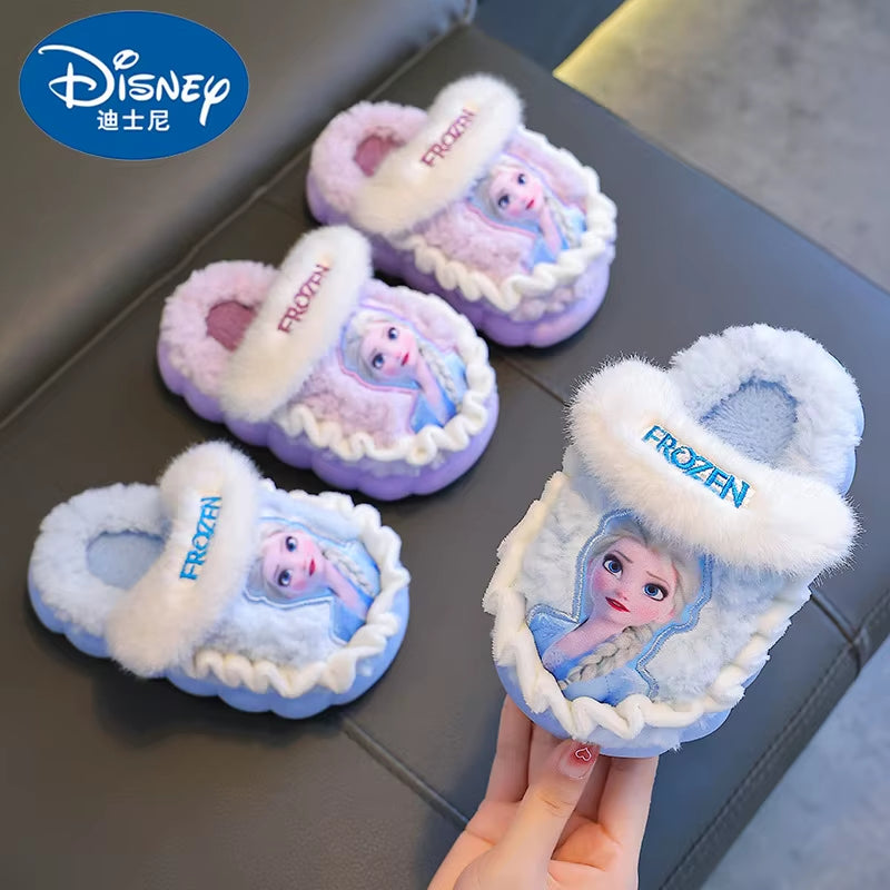 Disney Princess Elsa Winter Children'S Cotton Home Slippers Frozen Girl'S Snow Non Slip Warm Baby Slippers Pink Blue Size 24-36