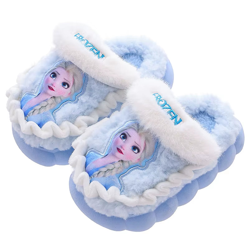 Disney Princess Elsa Winter Children'S Cotton Home Slippers Frozen Girl'S Snow Non Slip Warm Baby Slippers Pink Blue Size 24-36